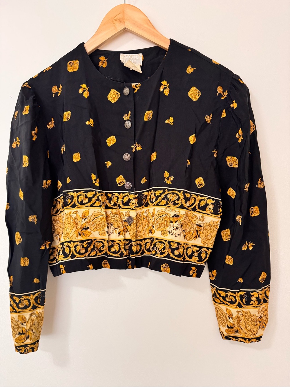 Vintage Black Gold Baroque Print Cropped Jacket Size 4